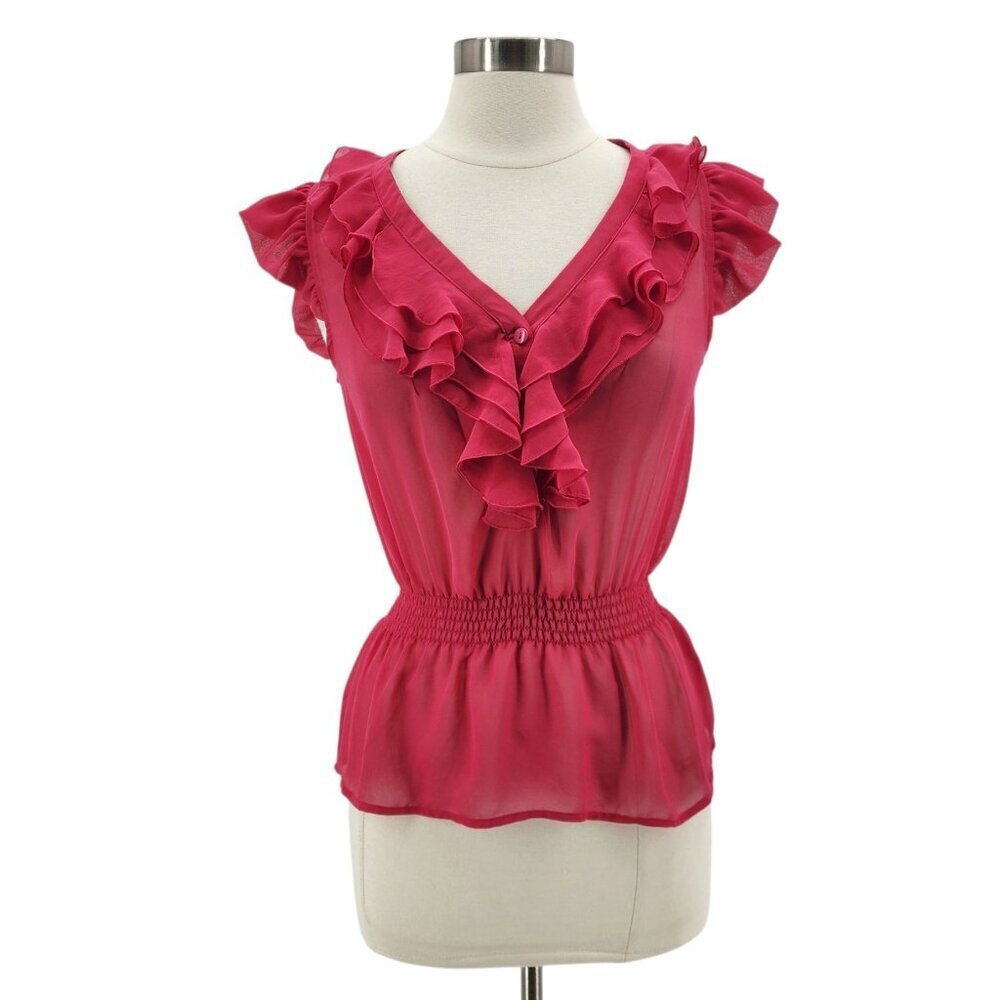 NEW Forever 21 Womens Medium Top Fuchsia Lightweight Semi-sheer Ruffle Top Pink